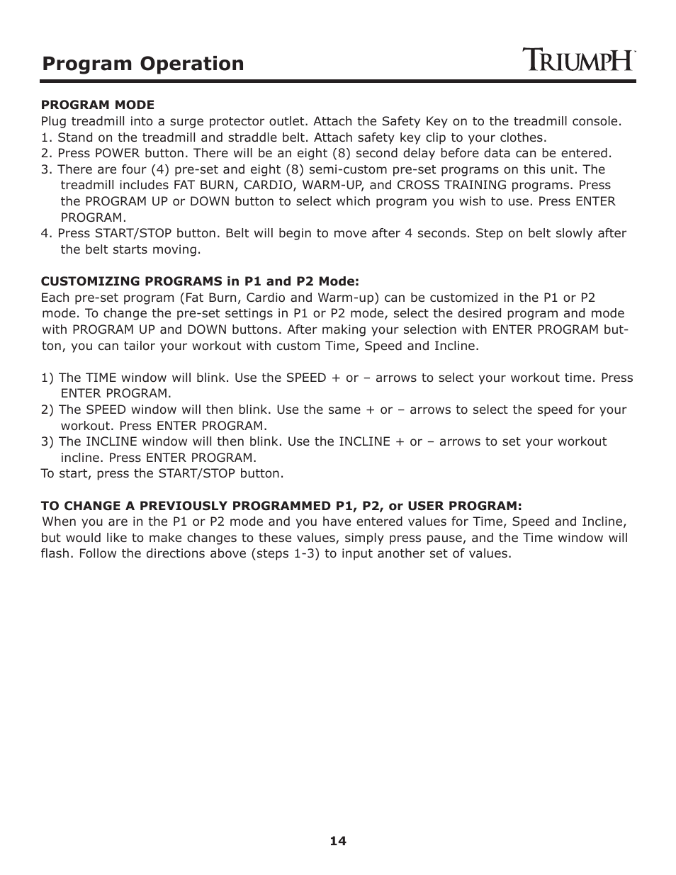 Program operation | Keys Fitness Treadmill TRI-ENDURANCE User Manual | Page 14 / 29