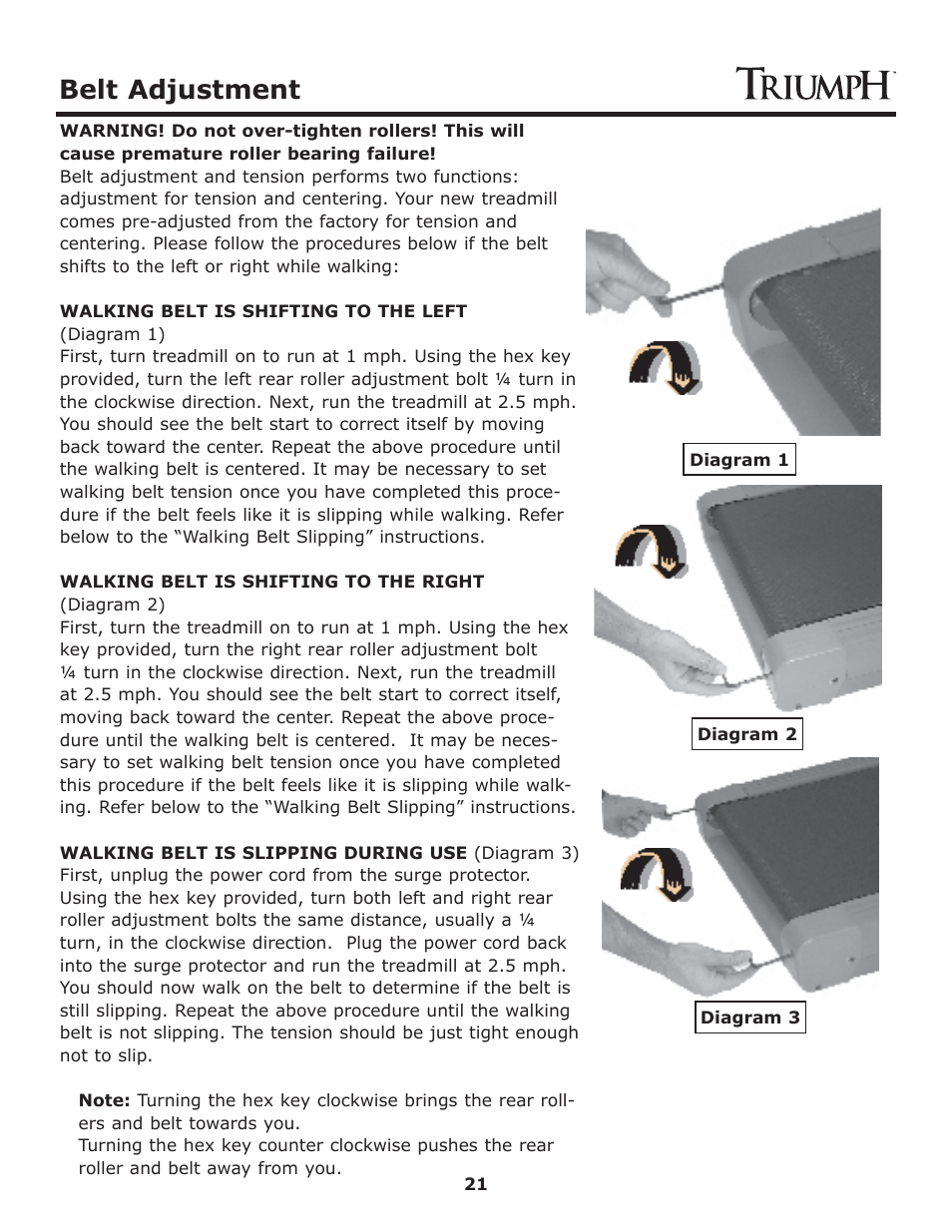 Belt adjustment | Keys Fitness Treadmill TRI-ENDURANCE User Manual | Page 21 / 29