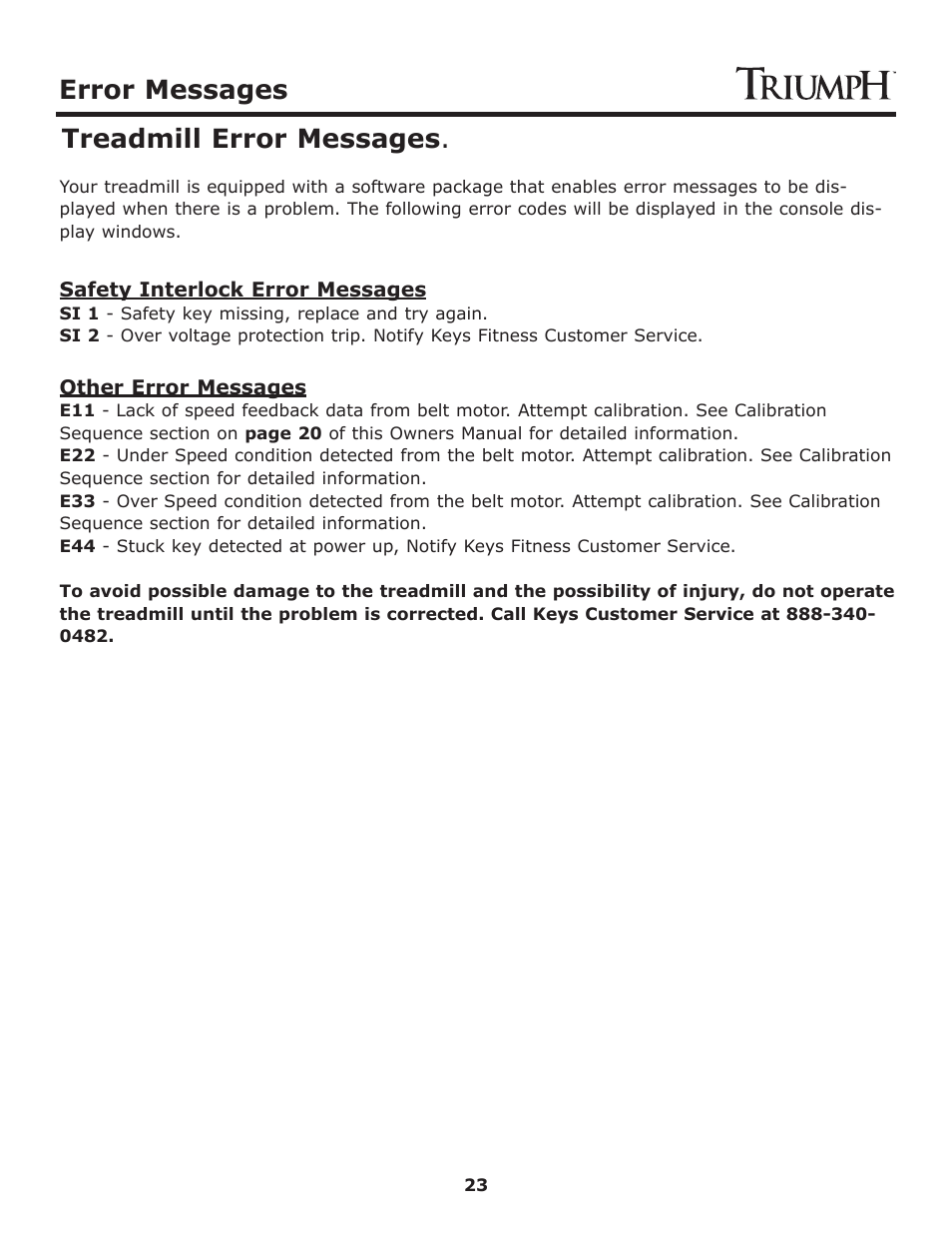 Error messages, Treadmill error messages | Keys Fitness Treadmill TRI-ENDURANCE User Manual | Page 23 / 29