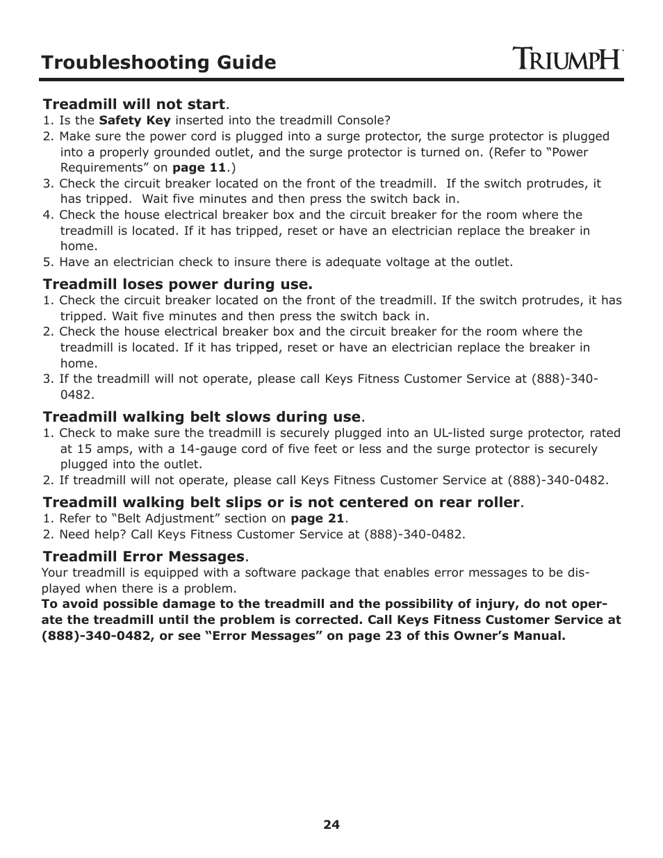 Troubleshooting guide | Keys Fitness Treadmill TRI-ENDURANCE User Manual | Page 24 / 29