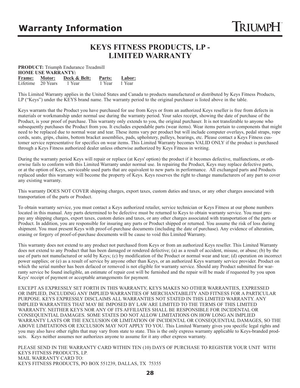 Warranty information, Keys fitness products, lp - limited warranty | Keys Fitness Treadmill TRI-ENDURANCE User Manual | Page 28 / 29