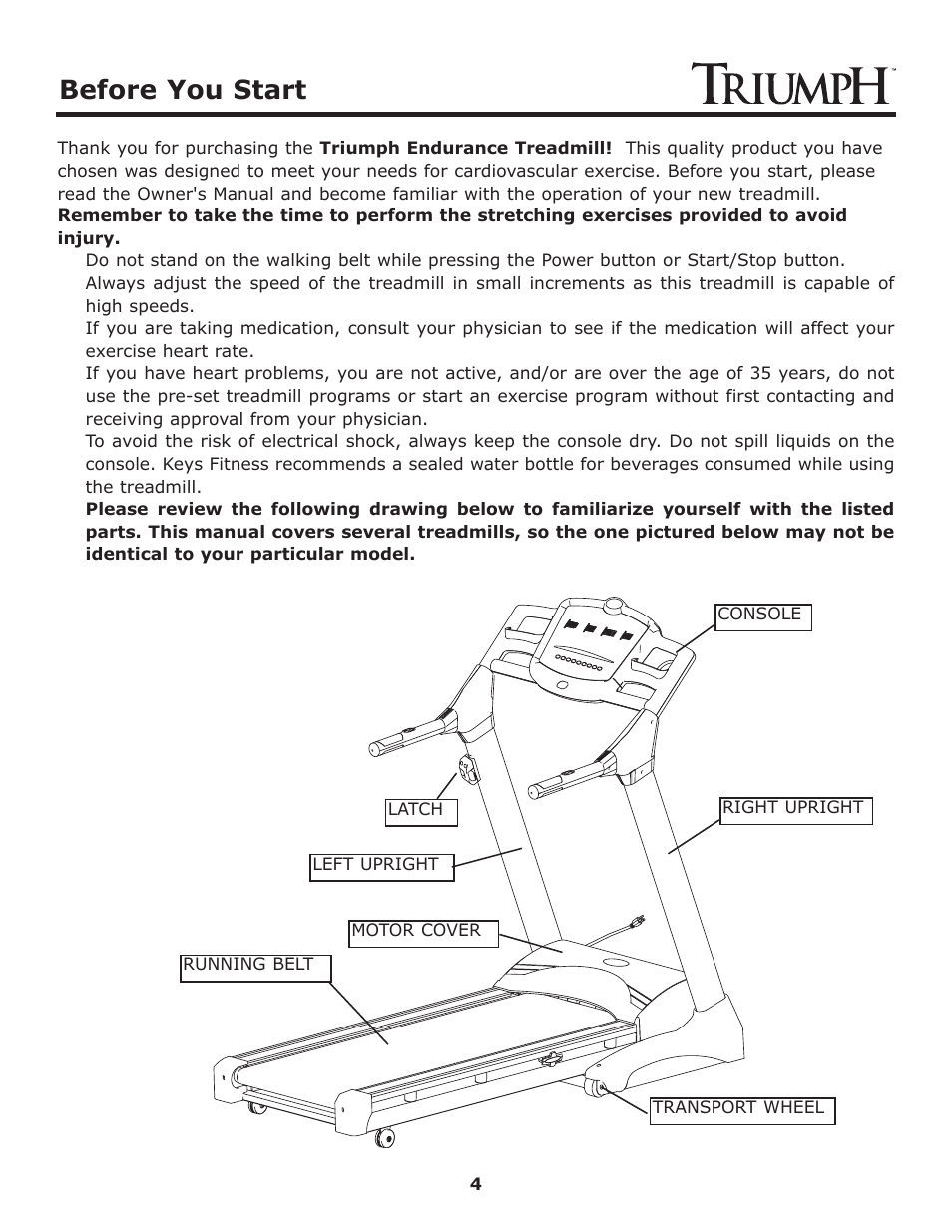 Before you start | Keys Fitness Treadmill TRI-ENDURANCE User Manual | Page 4 / 29