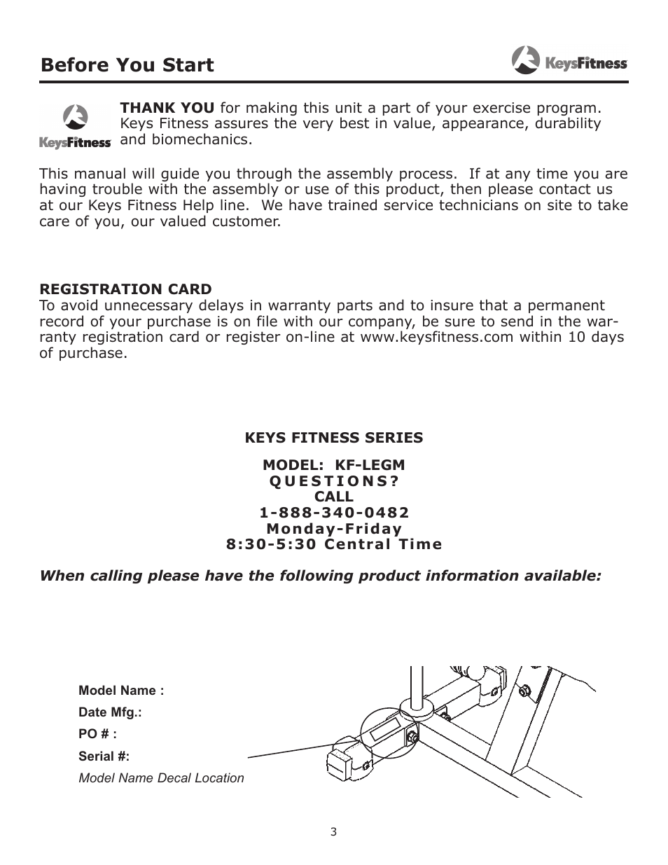 Before you start | Keys Fitness Leg Machine KF-LEGM User Manual | Page 3 / 14