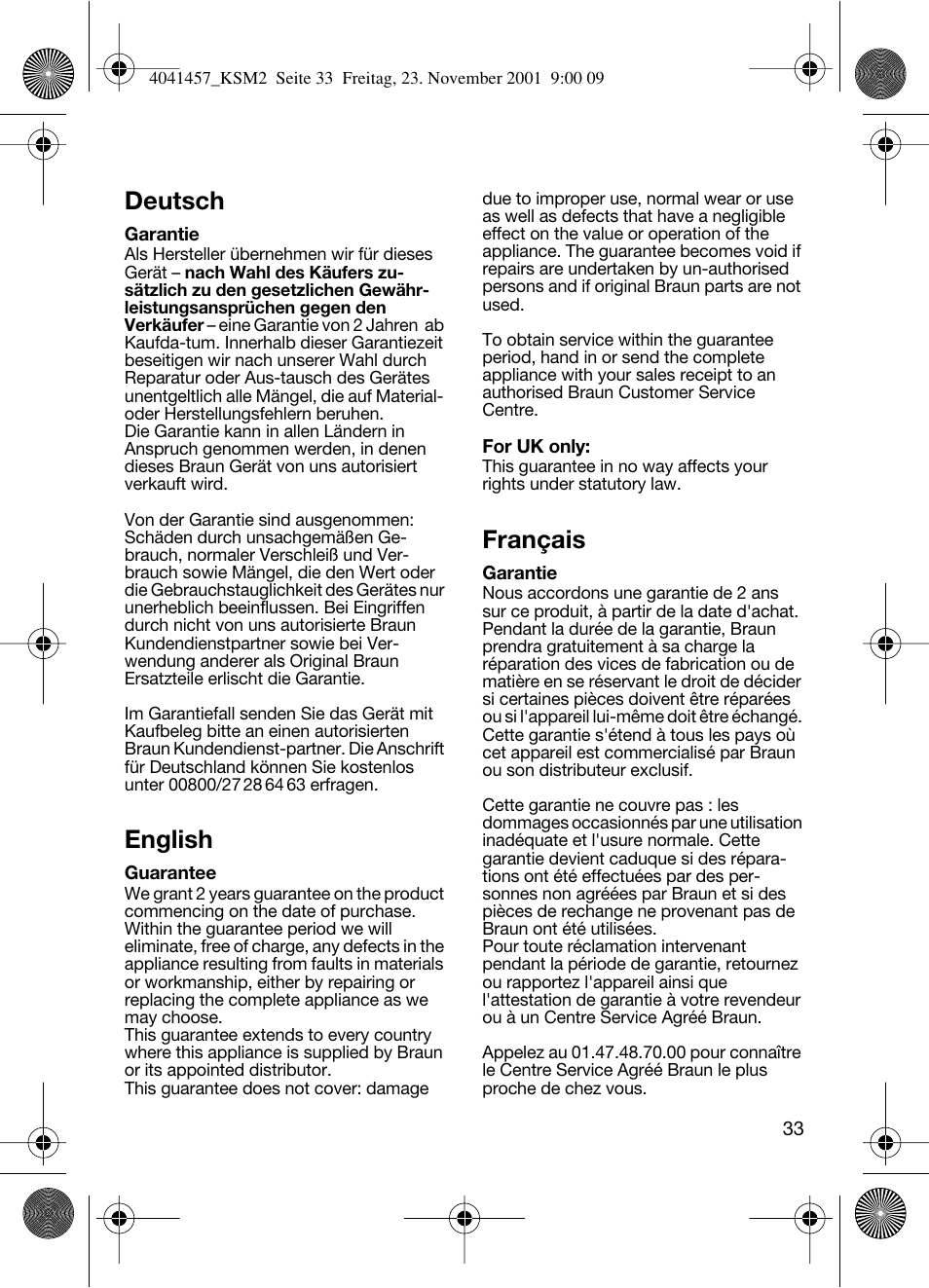 Deutsch, English, Français | Braun KSM 2 User Manual | Page 33 / 46