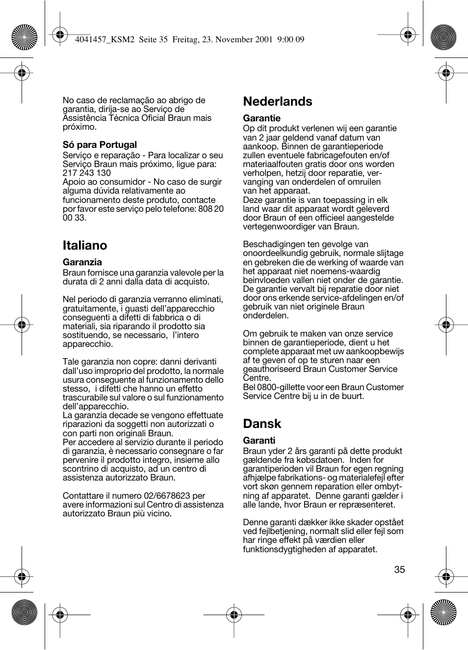 Italiano, Nederlands, Dansk | Braun KSM 2 User Manual | Page 35 / 46