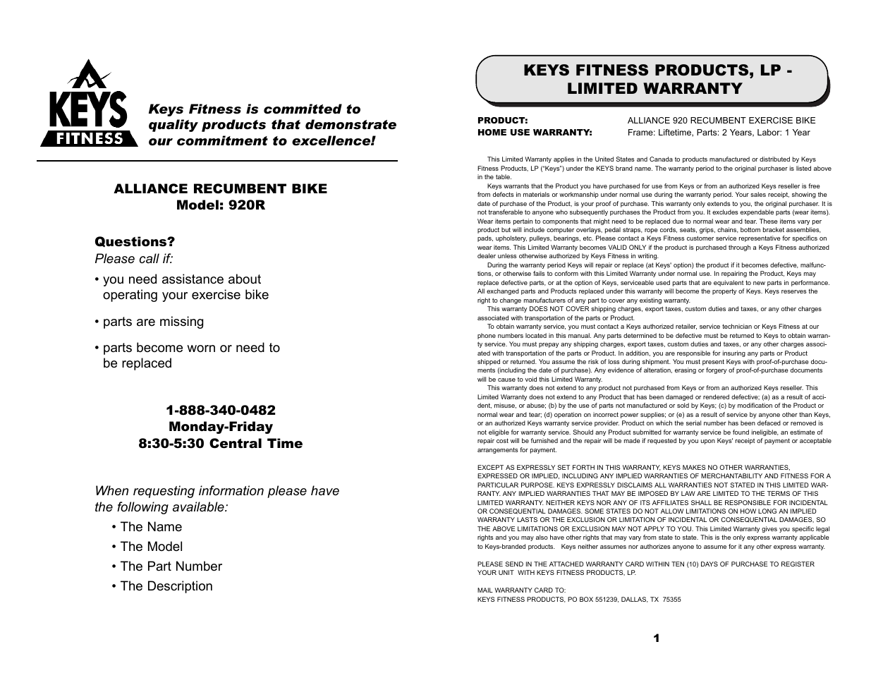 Keys fitness products, lp - limited warranty | Keys Fitness 920R User Manual | Page 2 / 12