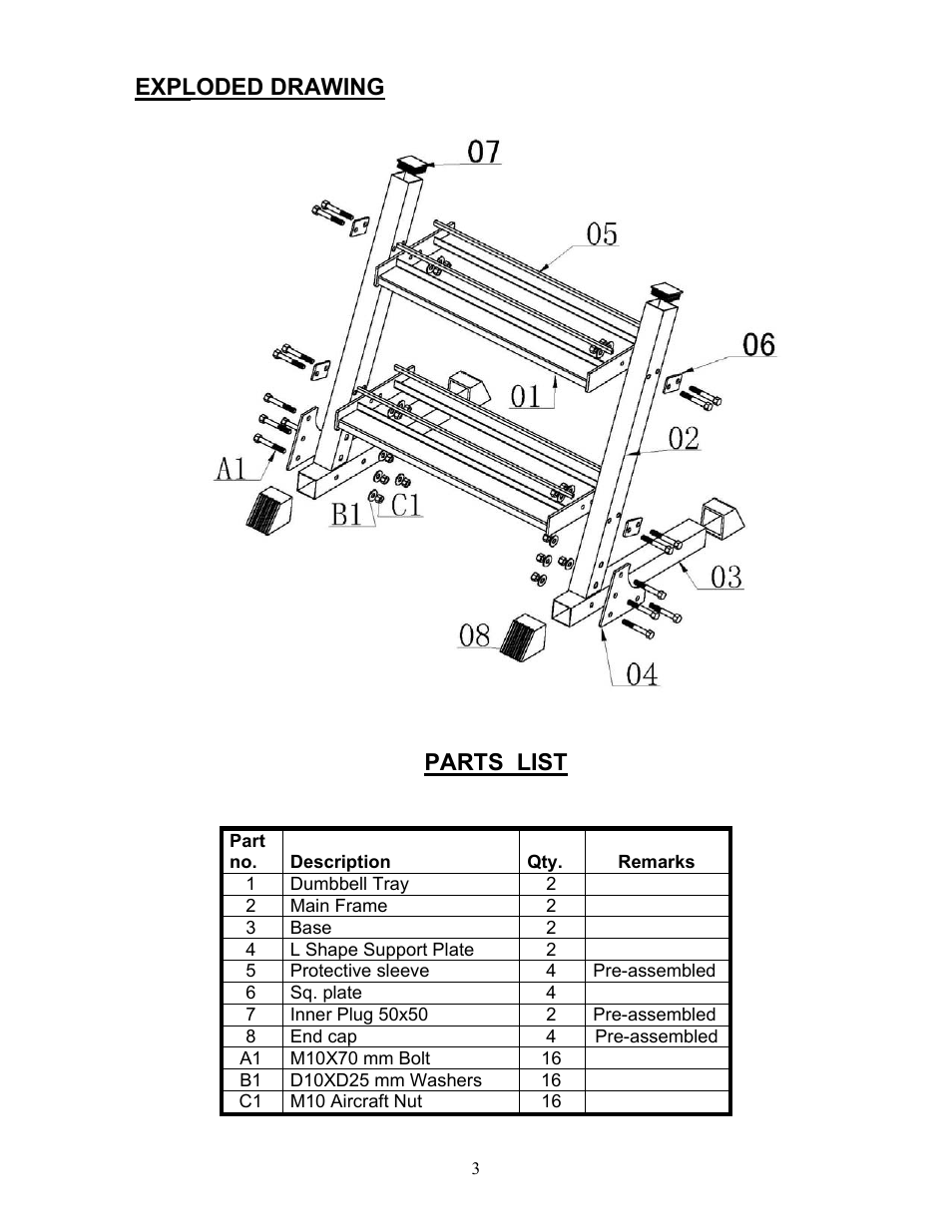 Exploded drawing, Parts list | Keys Fitness ST-DB2 User Manual | Page 3 / 4