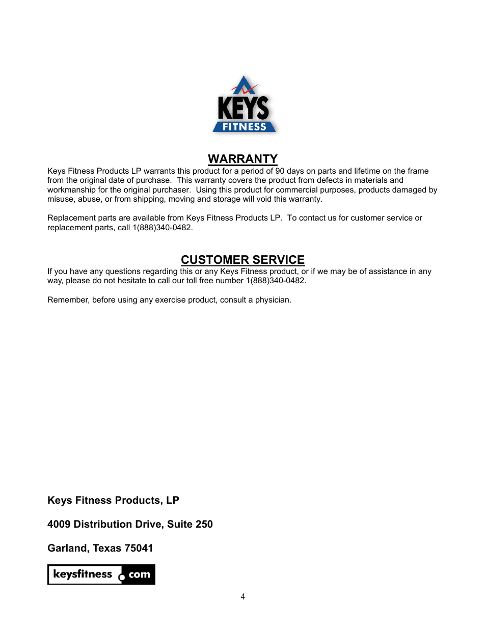 Warranty, Customer service | Keys Fitness ST-DB2 User Manual | Page 4 / 4