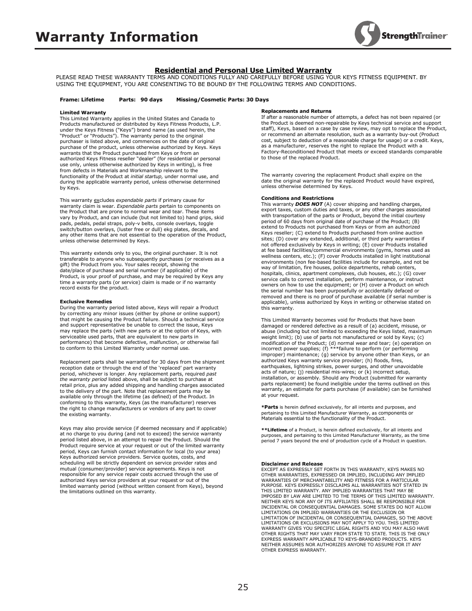 Warranty information, Residential and personal use limited warranty | Keys Fitness ST-IB User Manual | Page 25 / 28