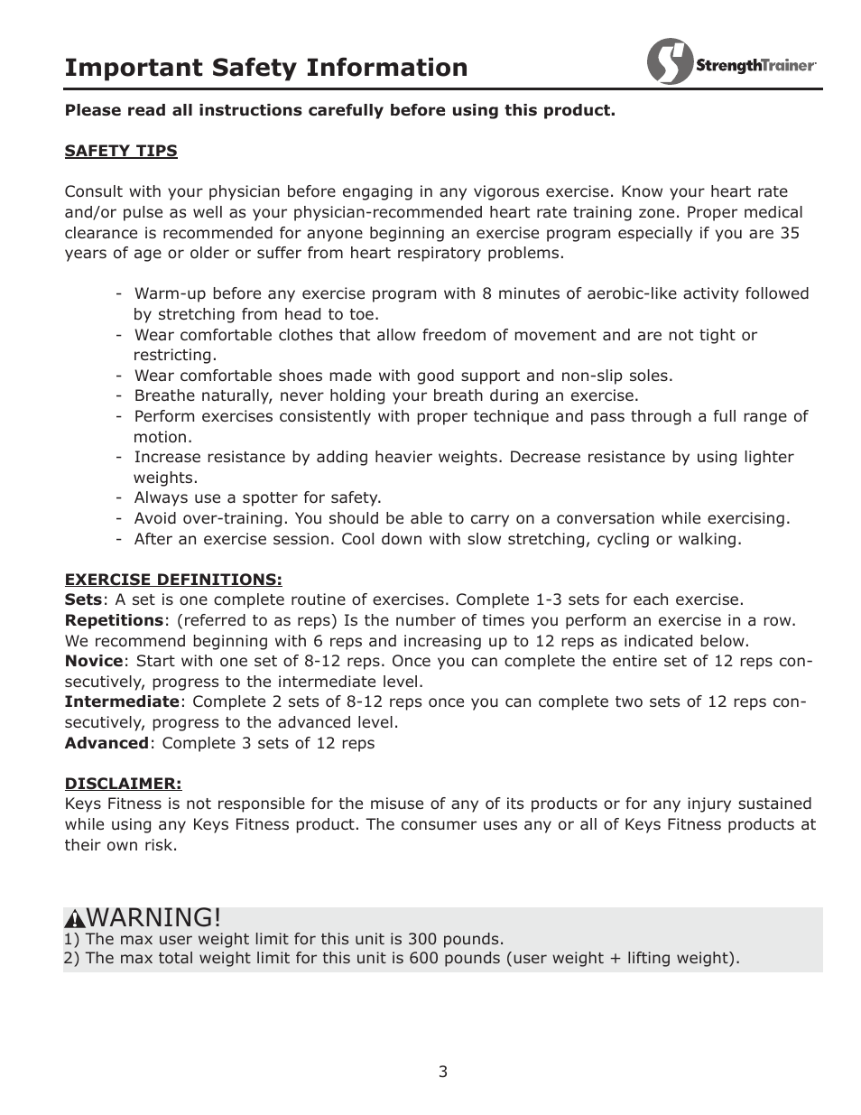 Warning, Important safety information | Keys Fitness ST-IB User Manual | Page 3 / 28