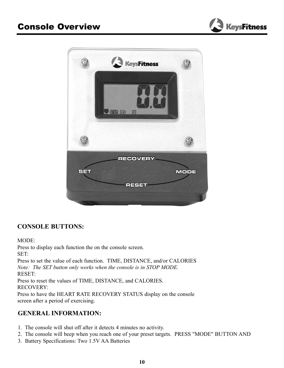 Console overview | Keys Fitness Cardiomax 705el User Manual | Page 10 / 20