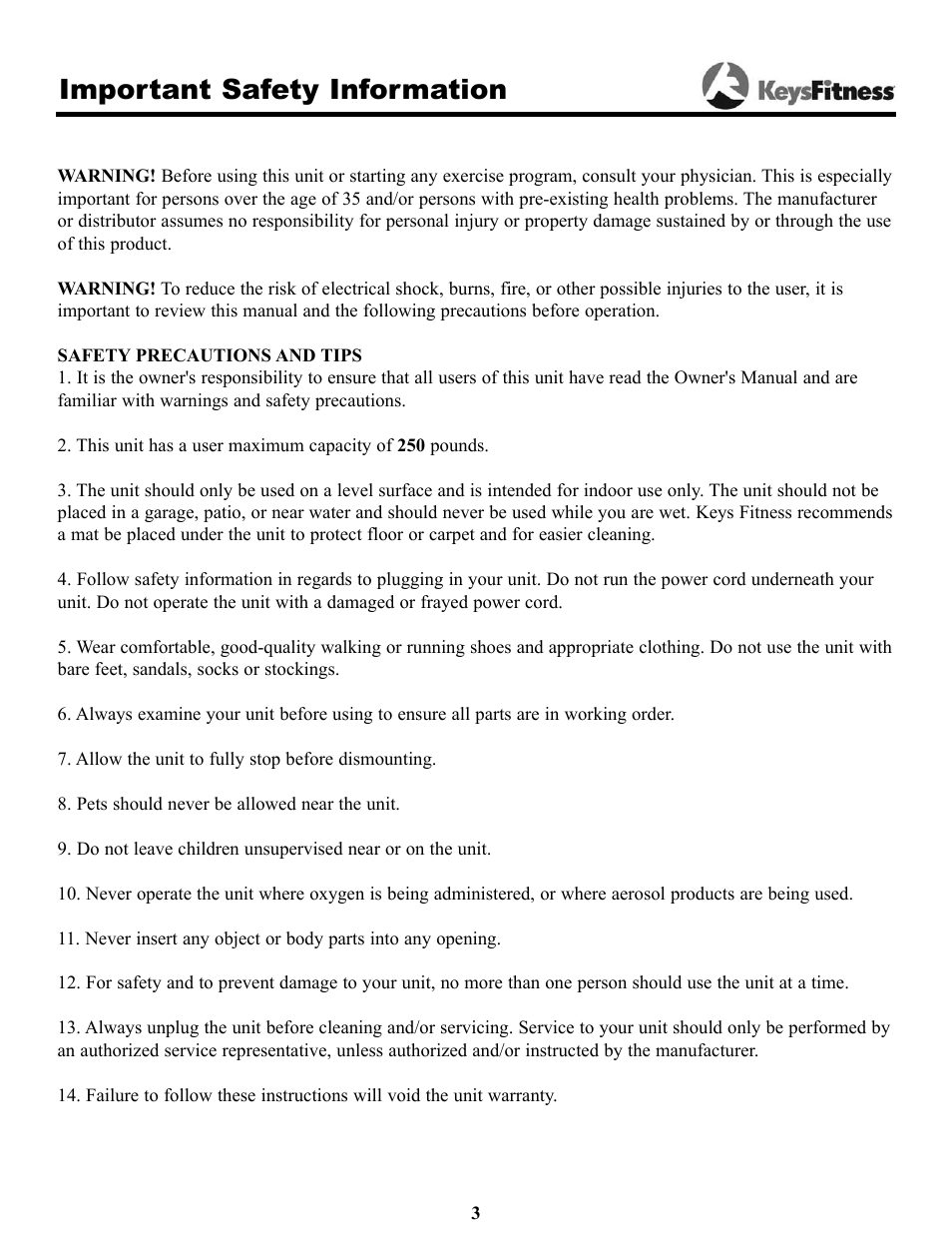 Important safety information | Keys Fitness Cardiomax 705el User Manual | Page 3 / 20