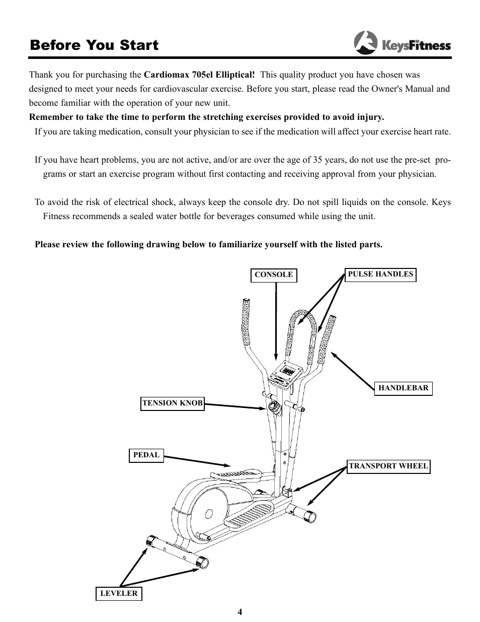 Before you start | Keys Fitness Cardiomax 705el User Manual | Page 4 / 20