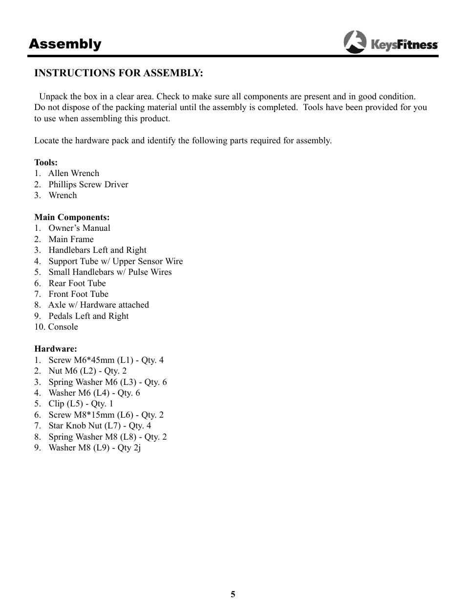 Assembly | Keys Fitness Cardiomax 705el User Manual | Page 5 / 20