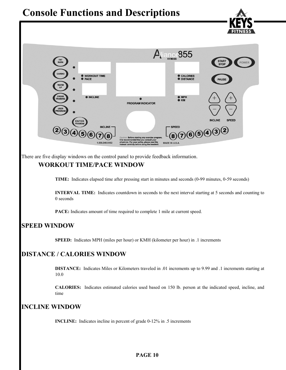 Console functions and descriptions | Keys Fitness Alliance Fitness s Alliance 855 User Manual | Page 10 / 22