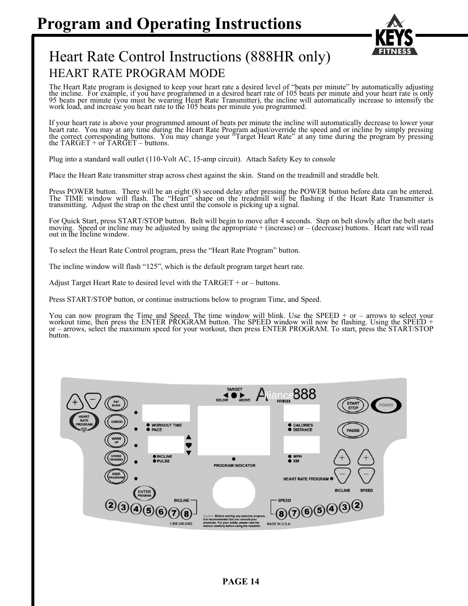 Program and operating instructions, Heart rate control instructions (888hr only), Heart rate program mode | Keys Fitness Alliance Fitness s Alliance 855 User Manual | Page 14 / 22