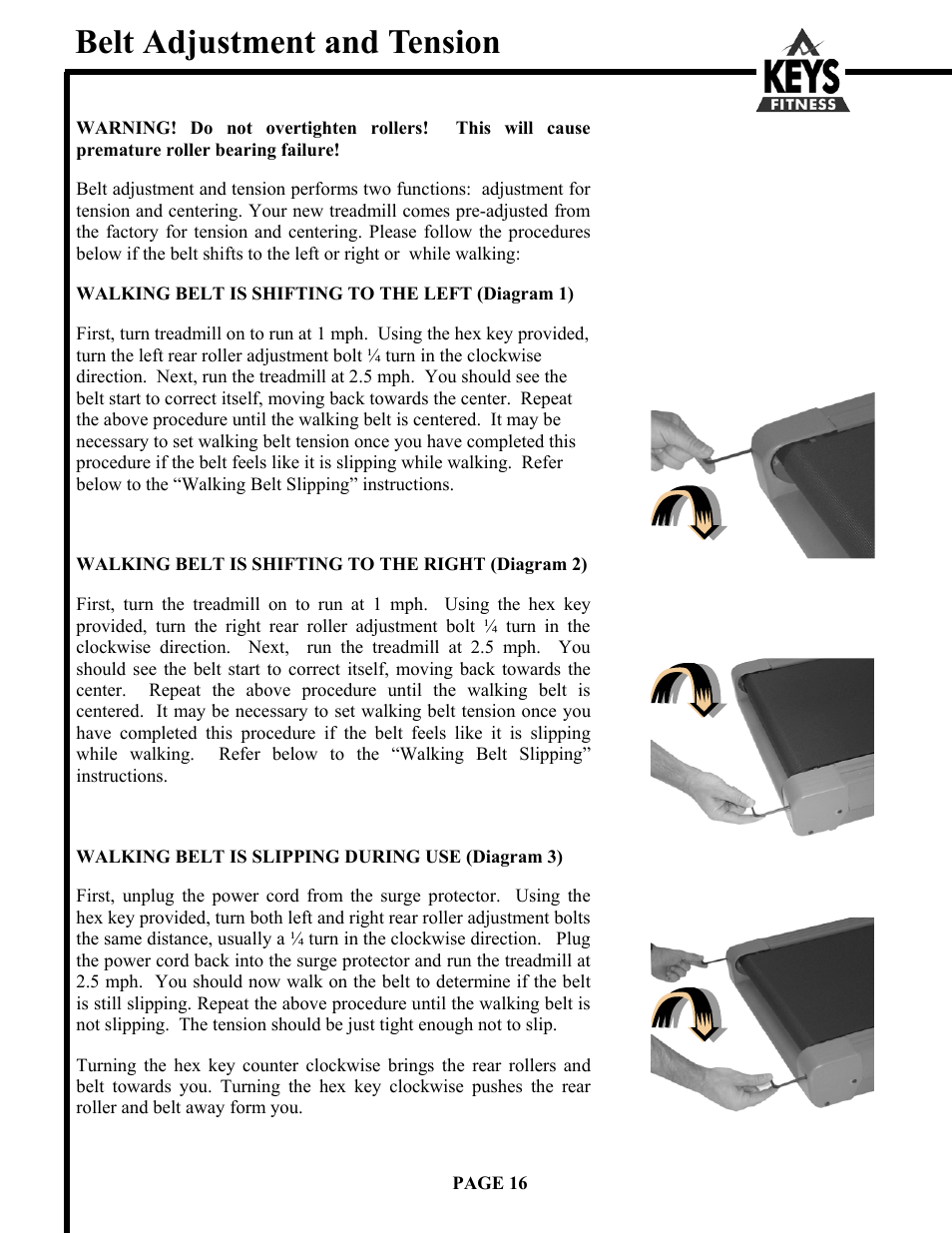 Belt adjustment and tension | Keys Fitness Alliance Fitness s Alliance 855 User Manual | Page 16 / 22