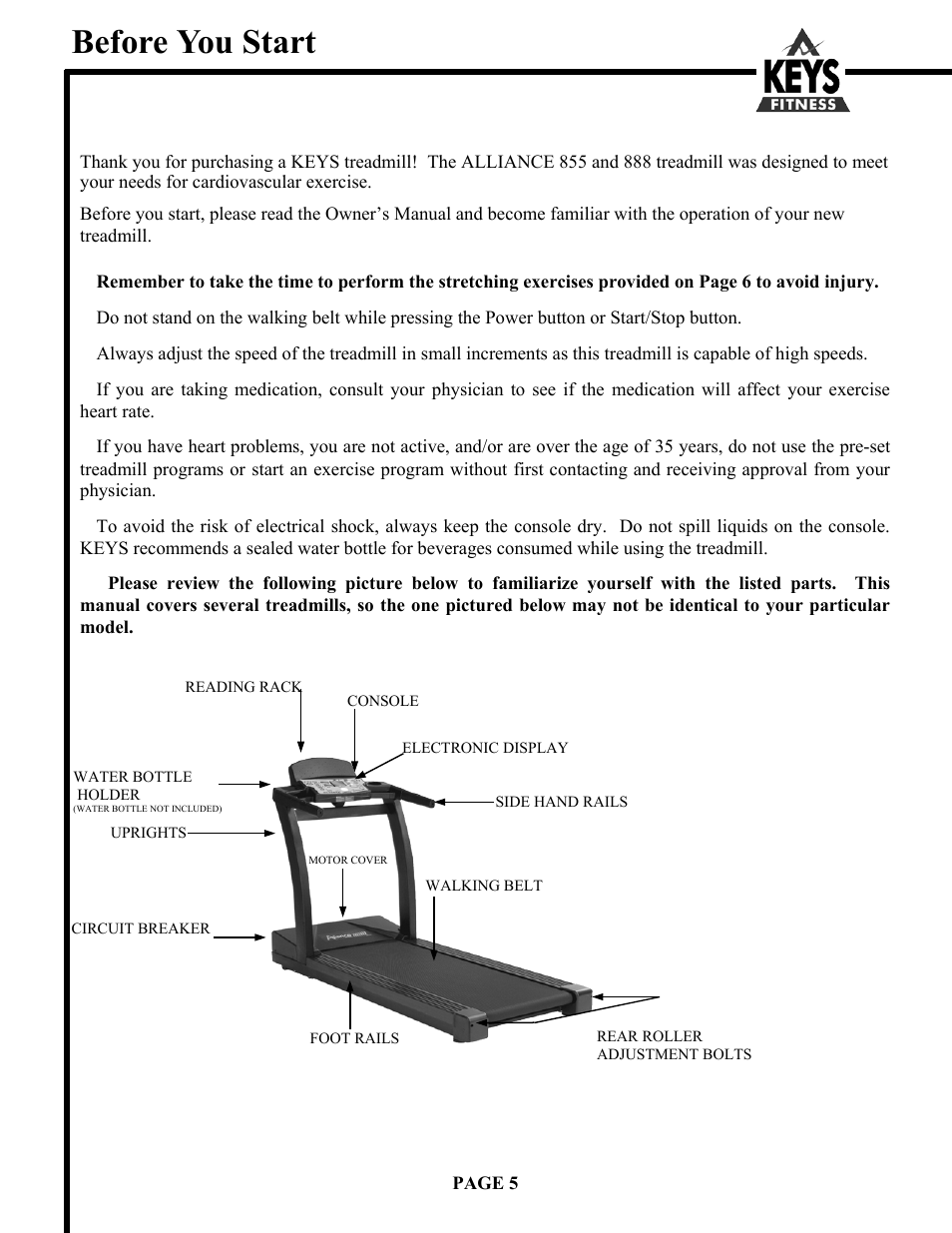 Before you start | Keys Fitness Alliance Fitness s Alliance 855 User Manual | Page 5 / 22