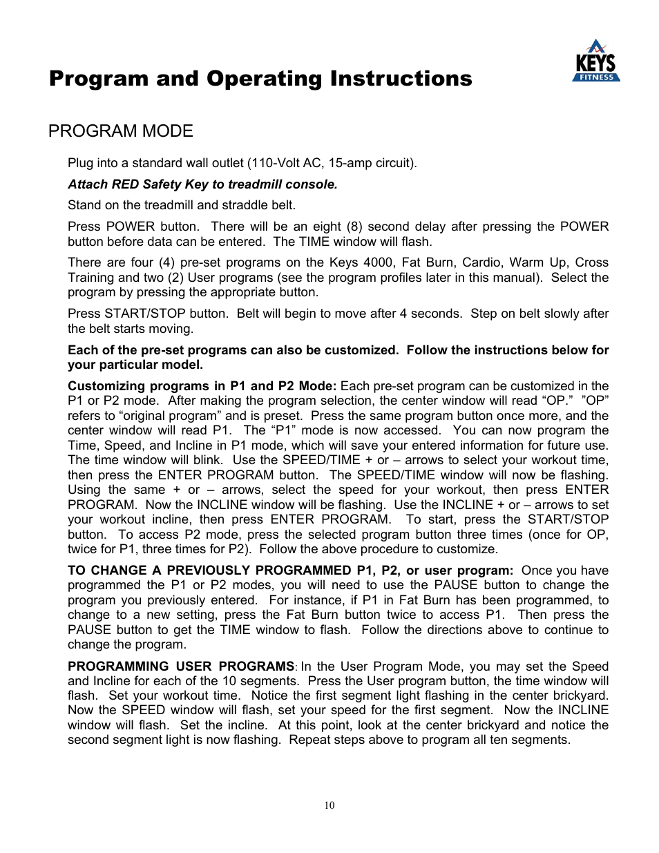 Program and operating instructions, Program mode | Keys Fitness KEYS 4000 User Manual | Page 10 / 18