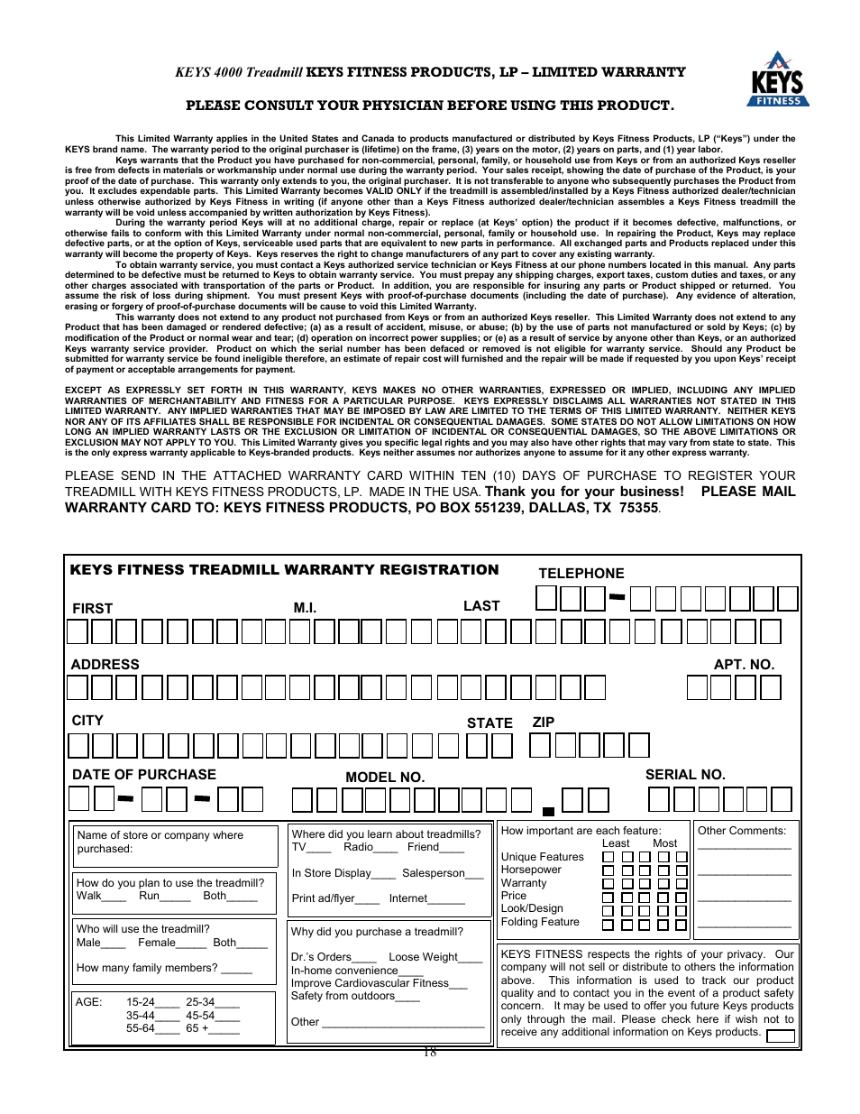 Keys Fitness KEYS 4000 User Manual | Page 18 / 18