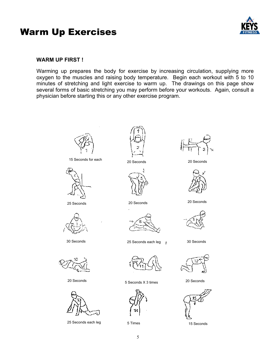 Warm up exercises | Keys Fitness KEYS 4000 User Manual | Page 5 / 18