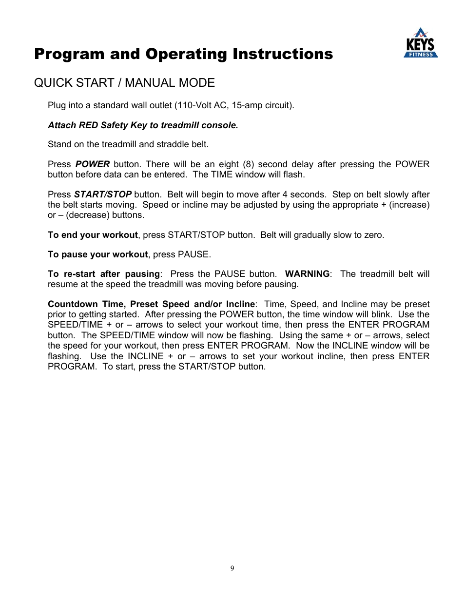 Program and operating instructions, Quick start / manual mode | Keys Fitness KEYS 4000 User Manual | Page 9 / 18