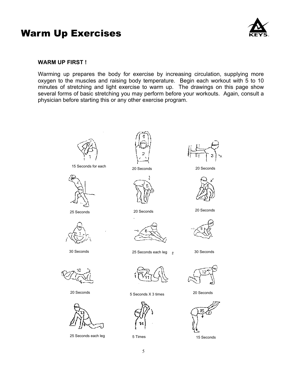 Warm up exercises | Keys Fitness 980HRS User Manual | Page 5 / 22