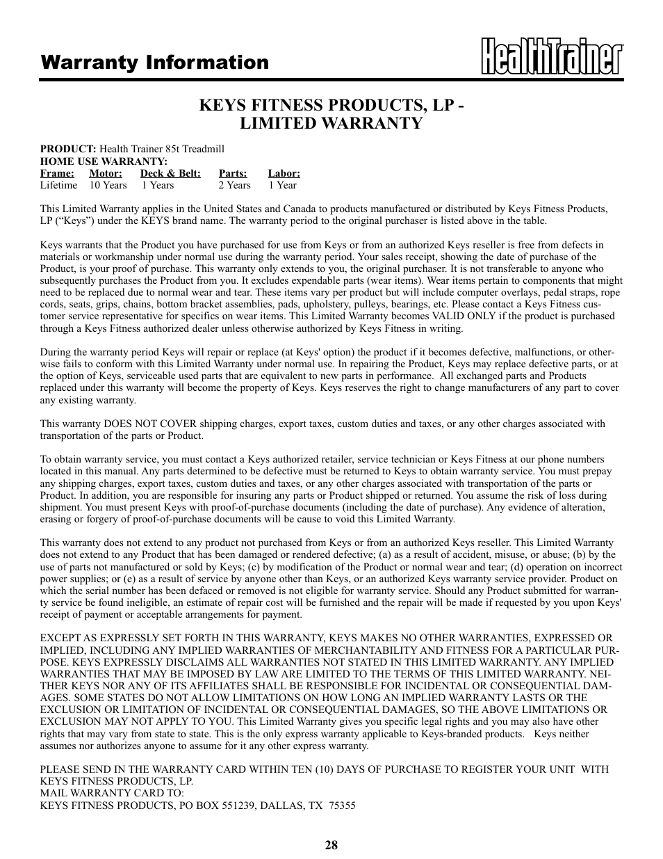 Warranty information, Keys fitness products, lp - limited warranty | Keys Fitness Health Trainer 85t HT85t User Manual | Page 28 / 29