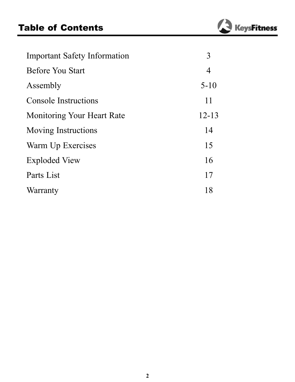 Keys Fitness Triumph 8.3e User Manual | Page 2 / 19