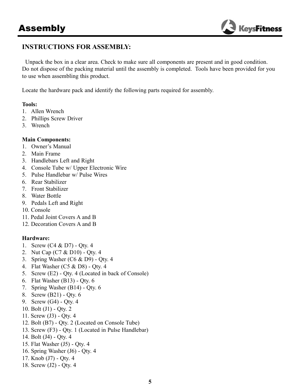 Assembly | Keys Fitness Triumph 8.3e User Manual | Page 5 / 19