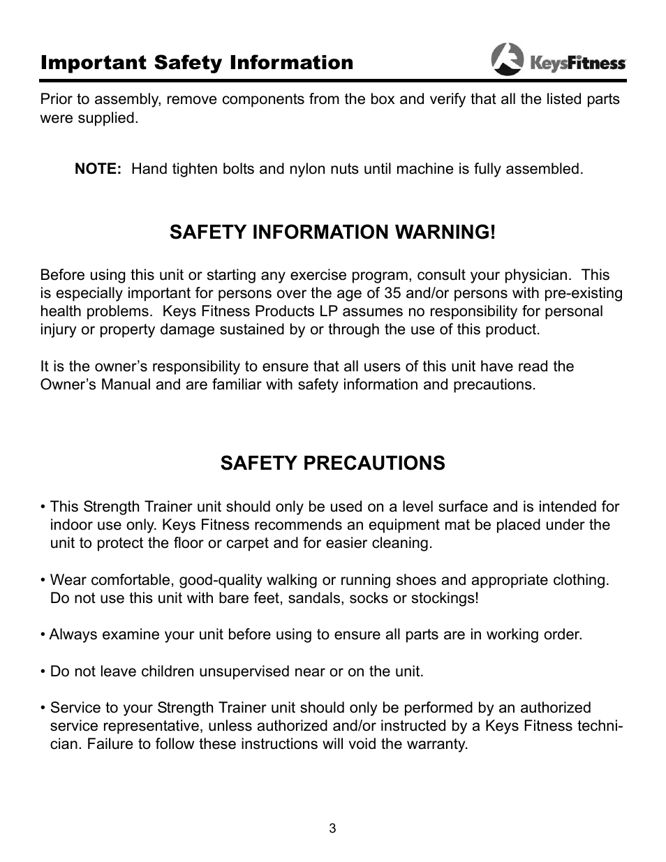 Safety information warning! safety precautions, Important safety information | Keys Fitness ST-FIDL User Manual | Page 3 / 13