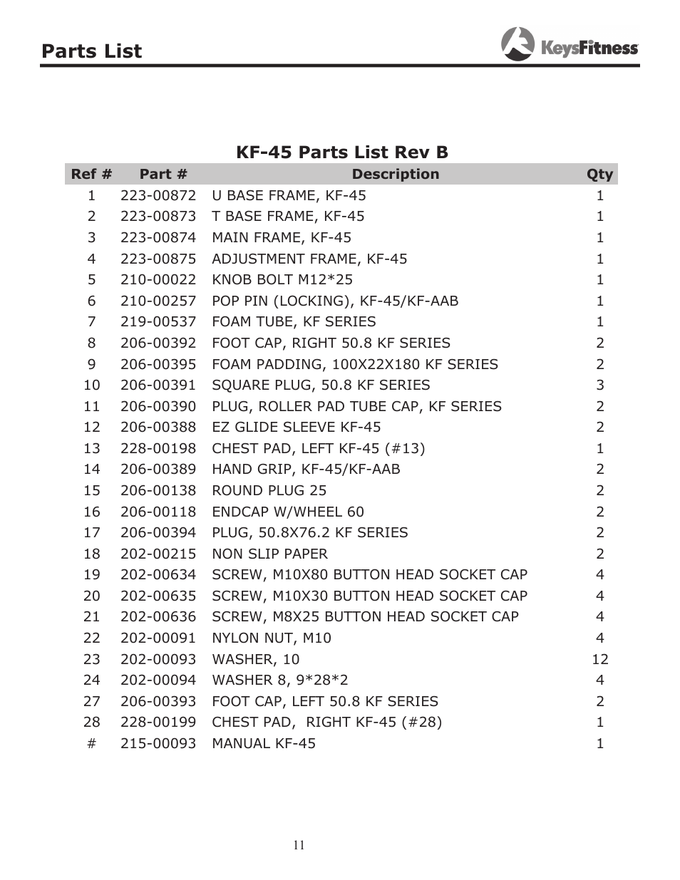 Parts list, Kf-45 parts list rev b | Keys Fitness KF-45 User Manual | Page 11 / 14