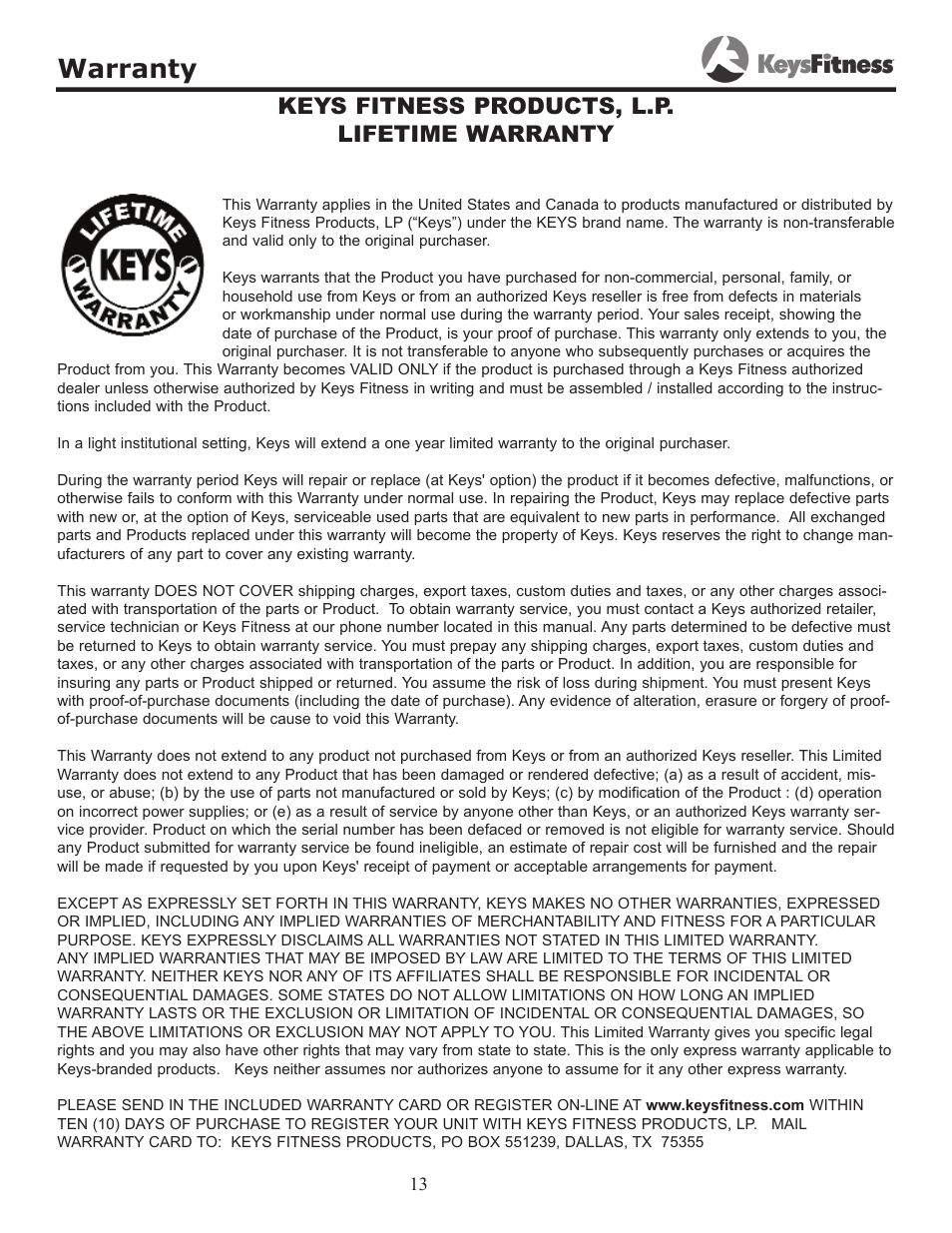Warranty, Keys fitness products, l.p. lifetime warranty | Keys Fitness KF-45 User Manual | Page 13 / 14