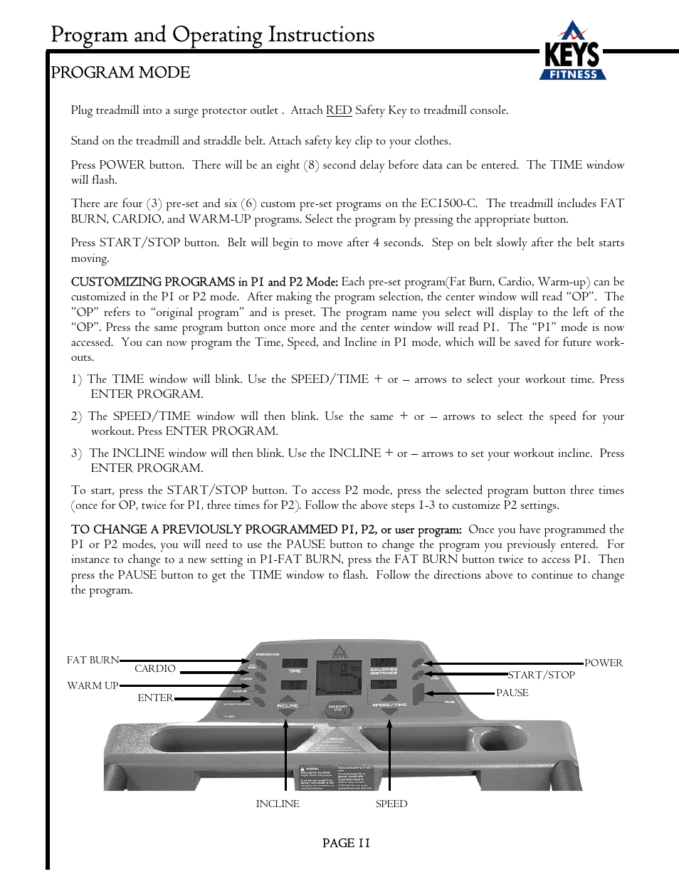 Program and operating instructions, Program mode | Keys Fitness EC1500-C User Manual | Page 11 / 18