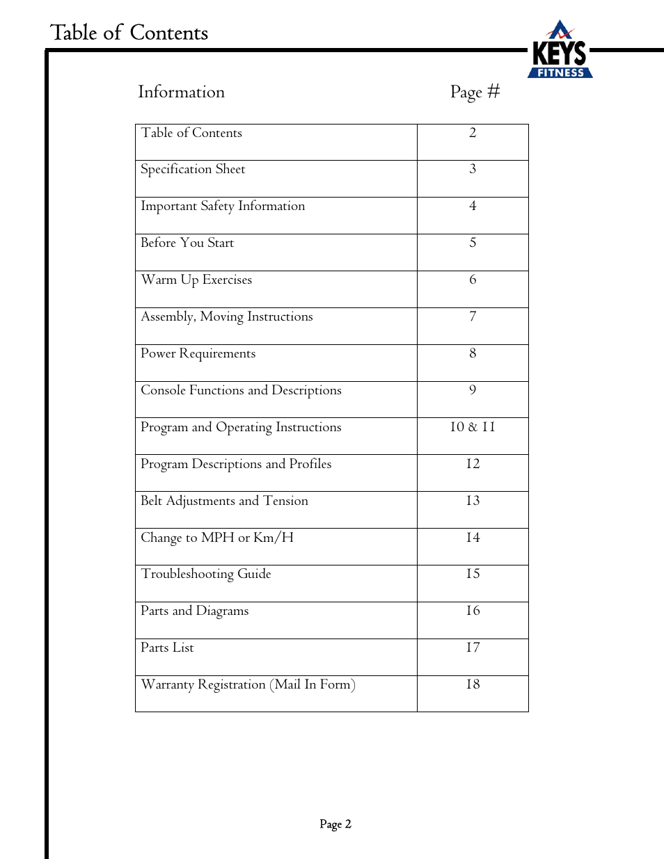 Keys Fitness EC1500-C User Manual | Page 2 / 18