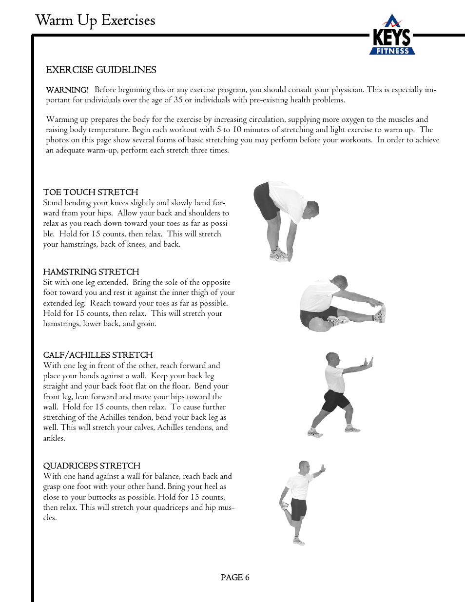 Warm up exercises | Keys Fitness EC1500-C User Manual | Page 6 / 18