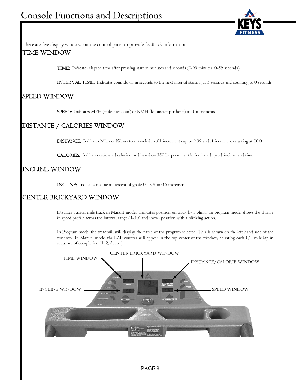 Console functions and descriptions | Keys Fitness EC1500-C User Manual | Page 9 / 18