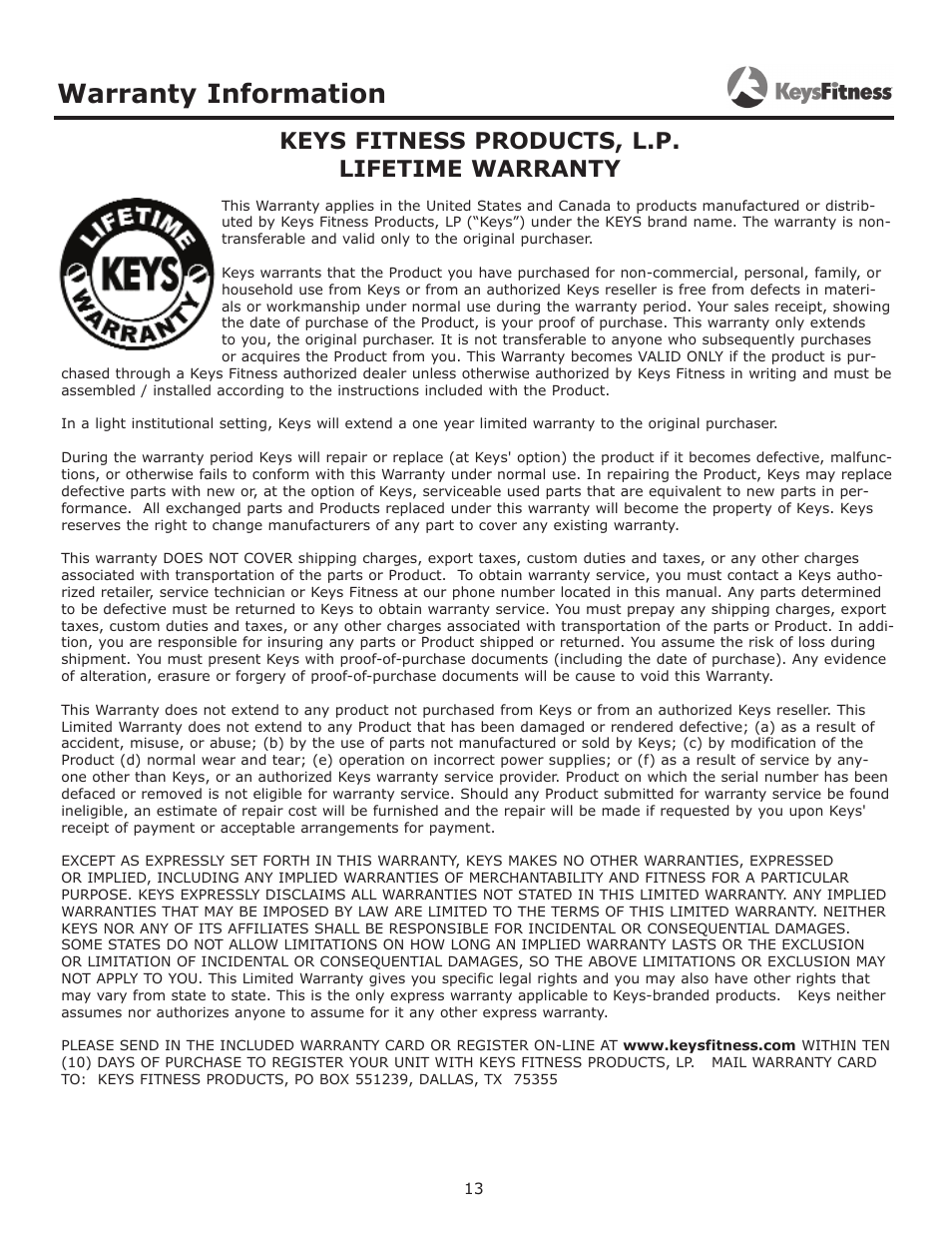 Warranty information, Keys fitness products, l.p. lifetime warranty | Keys Fitness KF-LP3 User Manual | Page 13 / 14