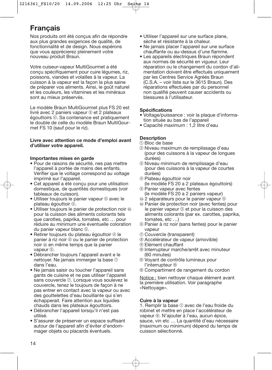 Français | Braun FS10 User Manual | Page 14 / 90