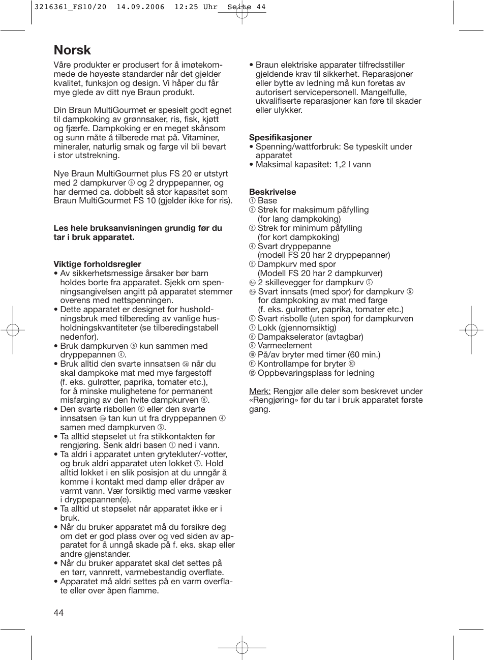 Norsk | Braun FS10 User Manual | Page 44 / 90