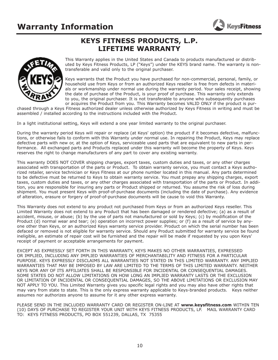 Warranty information, Keys fitness products, l.p. lifetime warranty | Keys Fitness Flat Bench KF-FB User Manual | Page 10 / 11