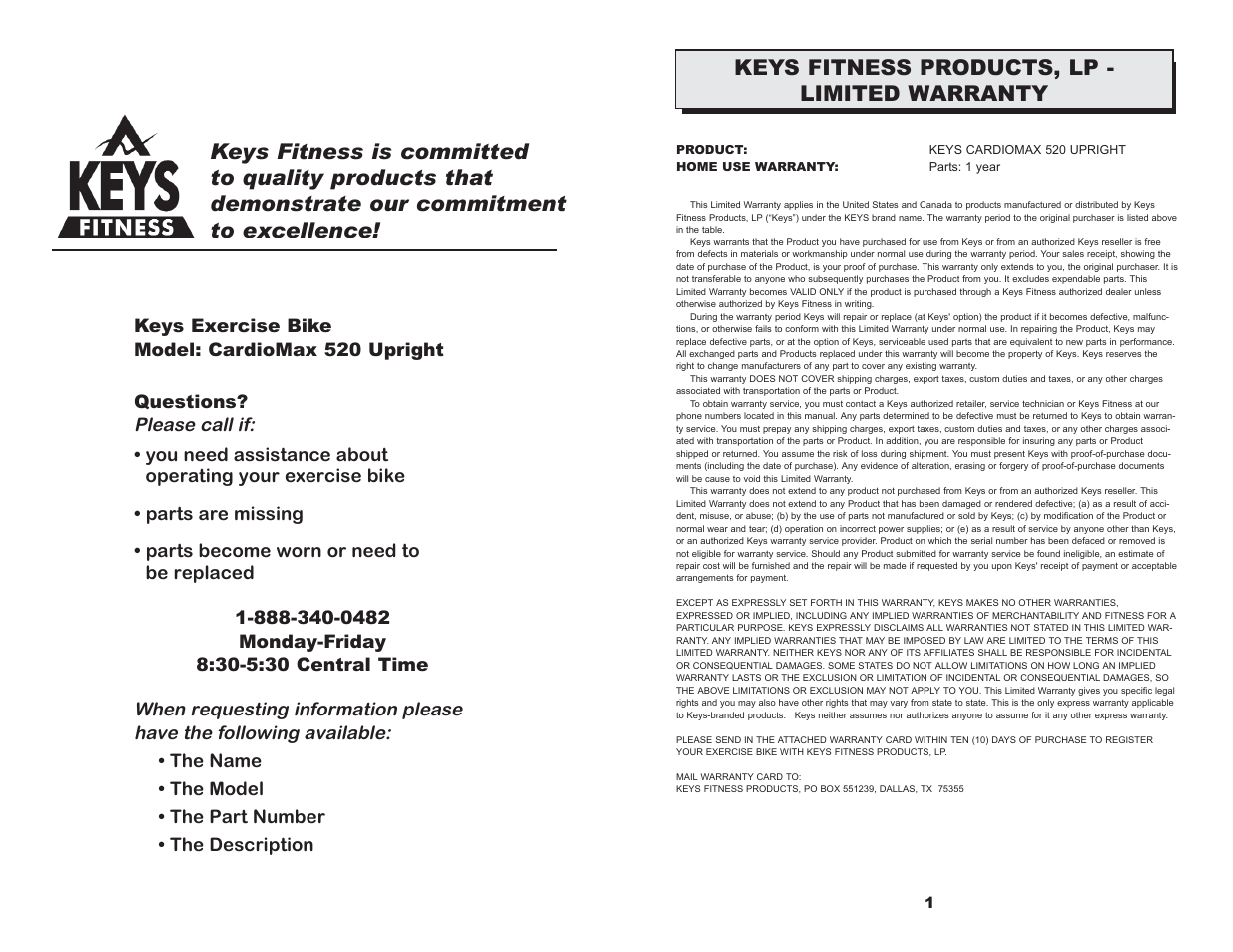 Keys fitness products, lp - limited warranty | Keys Fitness 520U User Manual | Page 2 / 11