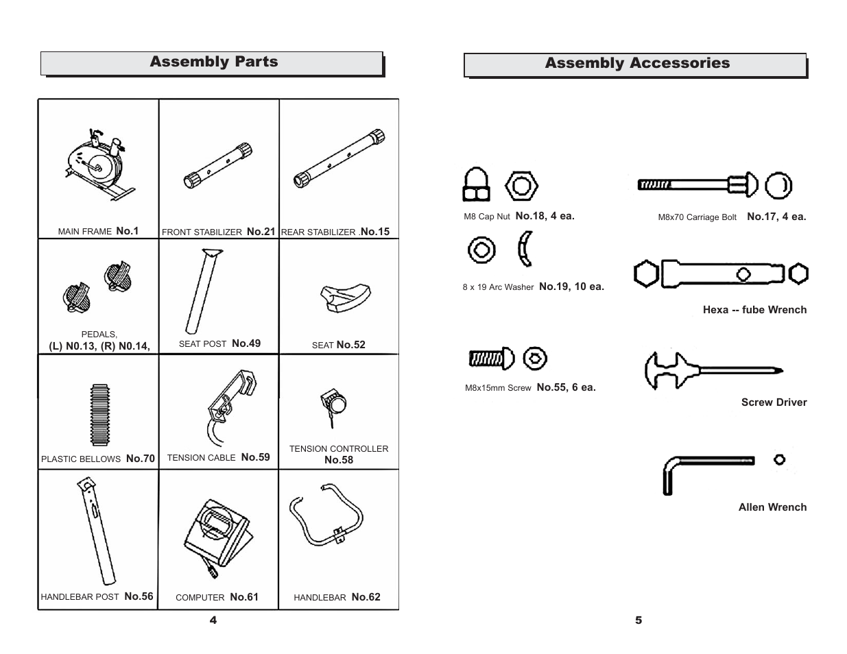 Assembly parts assembly accessories | Keys Fitness 520U User Manual | Page 4 / 11