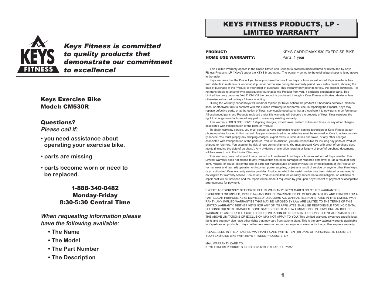 Keys fitness products, lp - limited warranty | Keys Fitness CM530R User Manual | Page 2 / 10