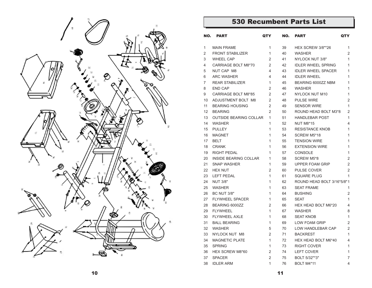 530 recumbent parts list | Keys Fitness CM530R User Manual | Page 7 / 10