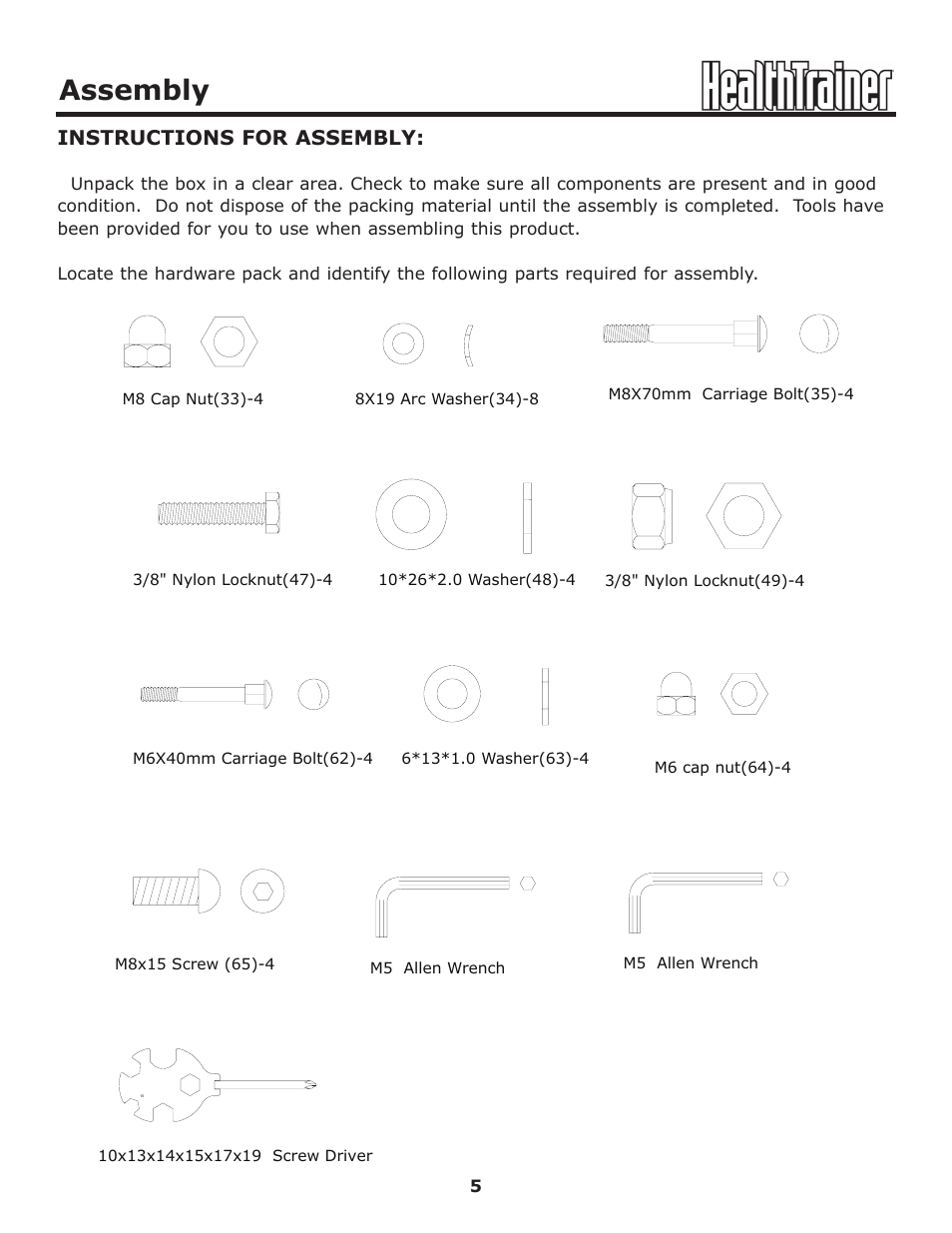 Assembly, Instructions for assembly | Keys Fitness Health Trainer HT440EL User Manual | Page 5 / 21