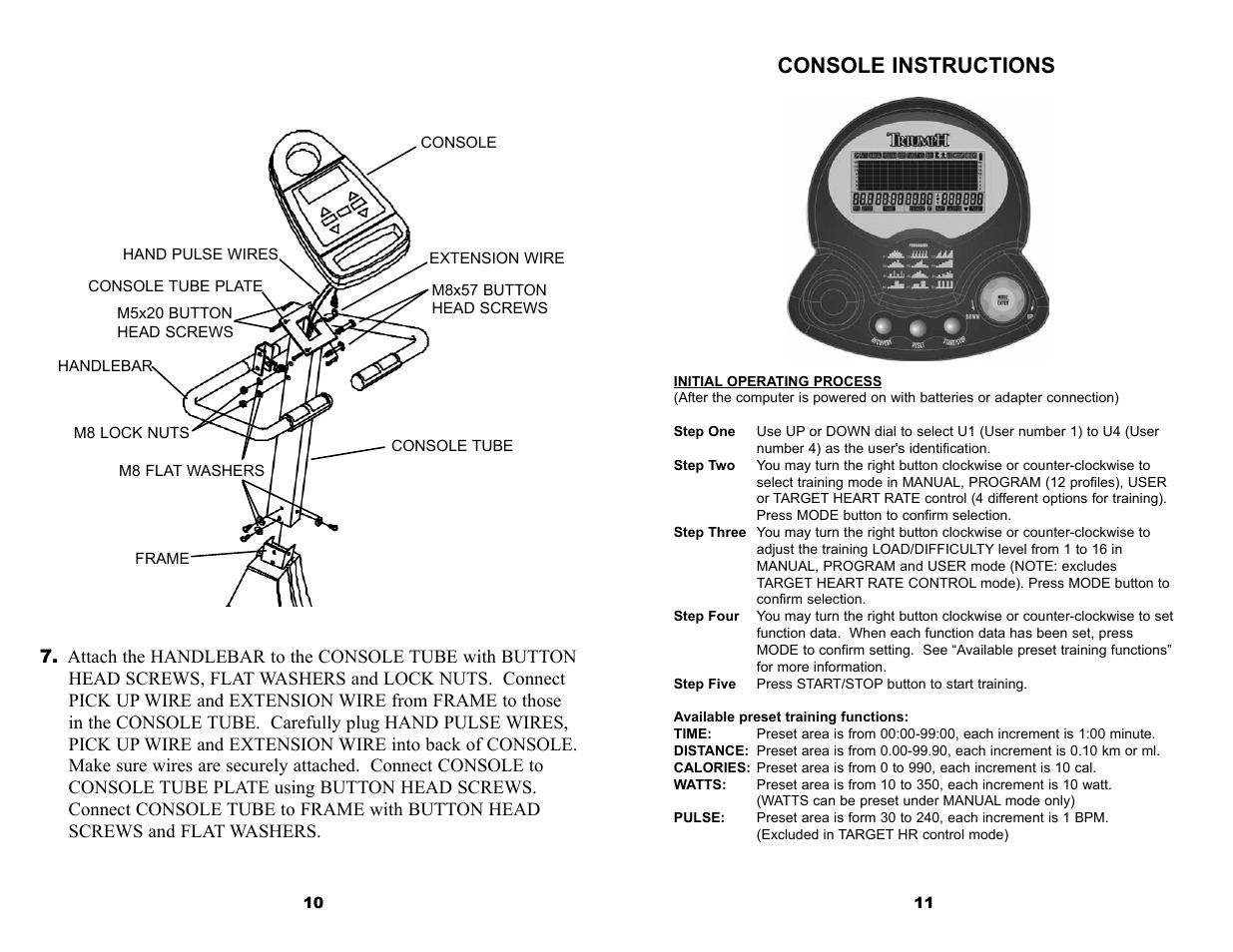 Console instructions | Keys Fitness 6.0r User Manual | Page 7 / 13