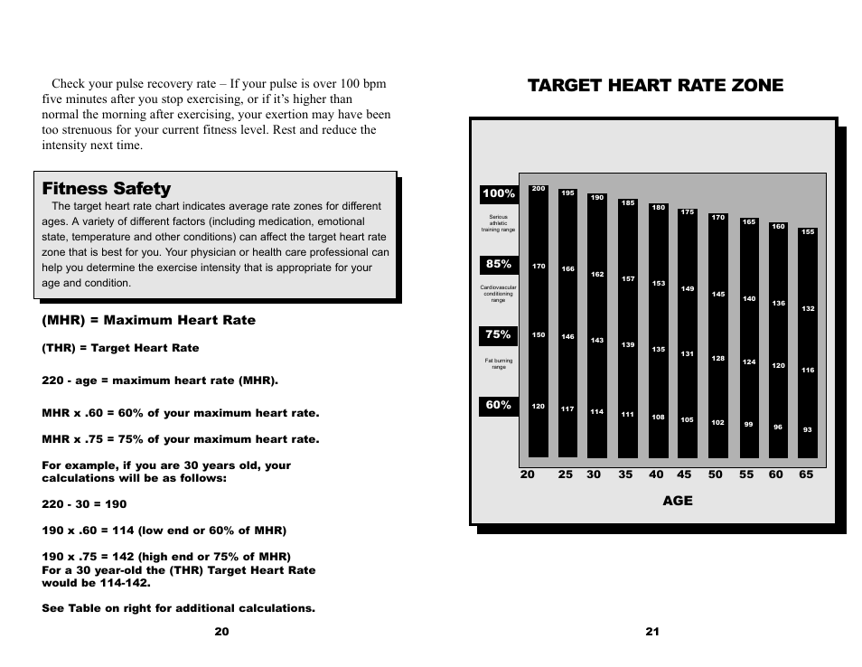 Fitness safety, Target heart rate zone, Mhr) = maximum heart rate | Keys Fitness CardioMax 835U User Manual | Page 12 / 12