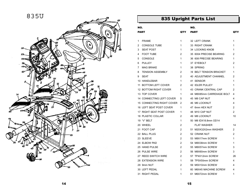 835 upright parts list | Keys Fitness CardioMax 835U User Manual | Page 9 / 12