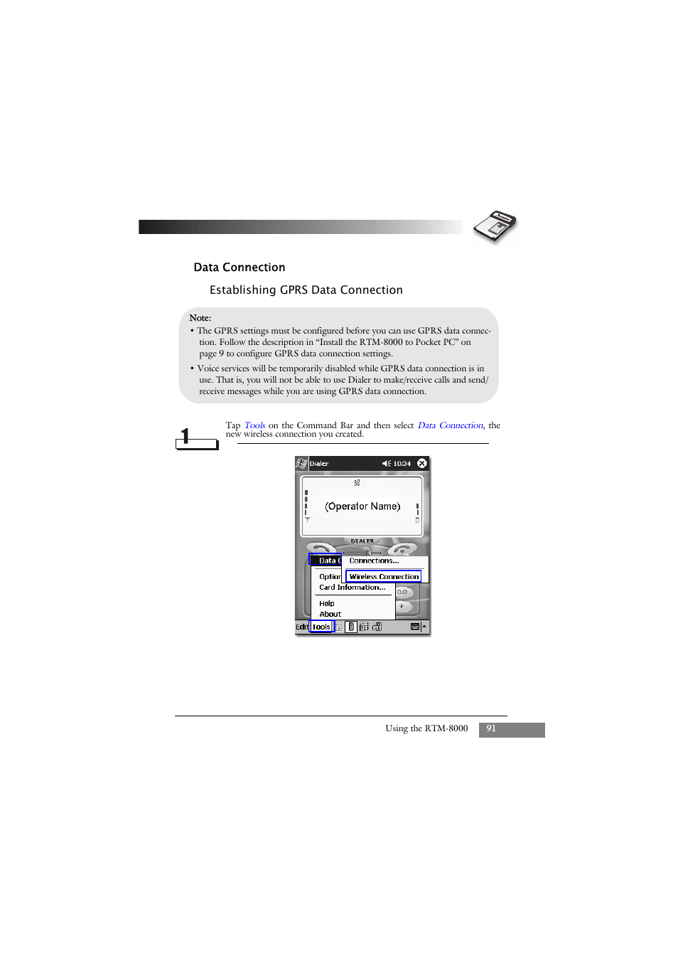 Data connection, Establishing gprs data connection | Keys Fitness GSM/GPRS Compact Flash Card RTM-8000 User Manual | Page 101 / 112